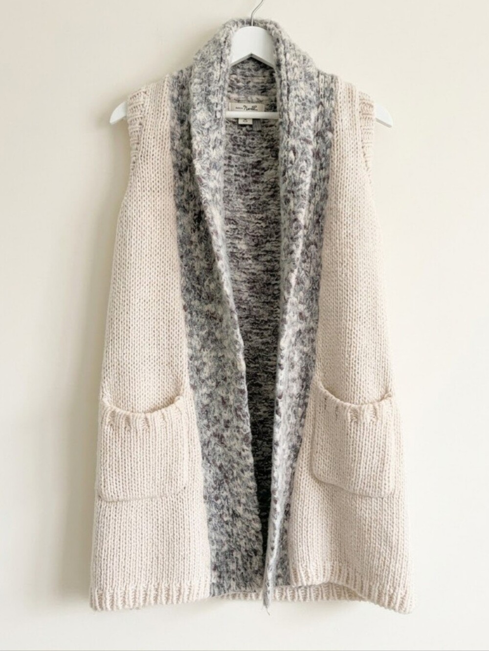 Simply Noelle Cream & Gray Chunky Knit Longline Duster Vest Pockets XS (4-6)